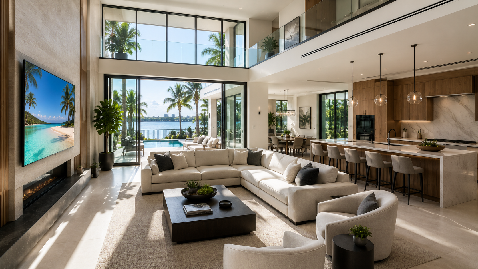 Luxury kitchen with walnut island and floor-to-ceiling glass — the spaces AVITtek integrates